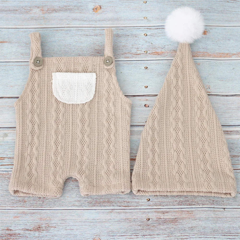 Ropa para fotografía de bebés recién nacidos, conjuntos de punto para sesión de fotos de bebés, pantalones con tirantes y gorro con pompón de piel.