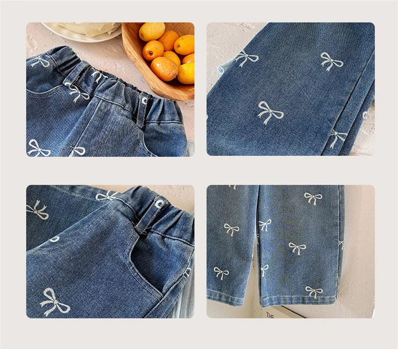 Girls Spring Autumn Jeans New Children Fashion Print Bow Loose Pants Kids Trends Wide Leg Trousers  Baby Casual Baggy Clothing