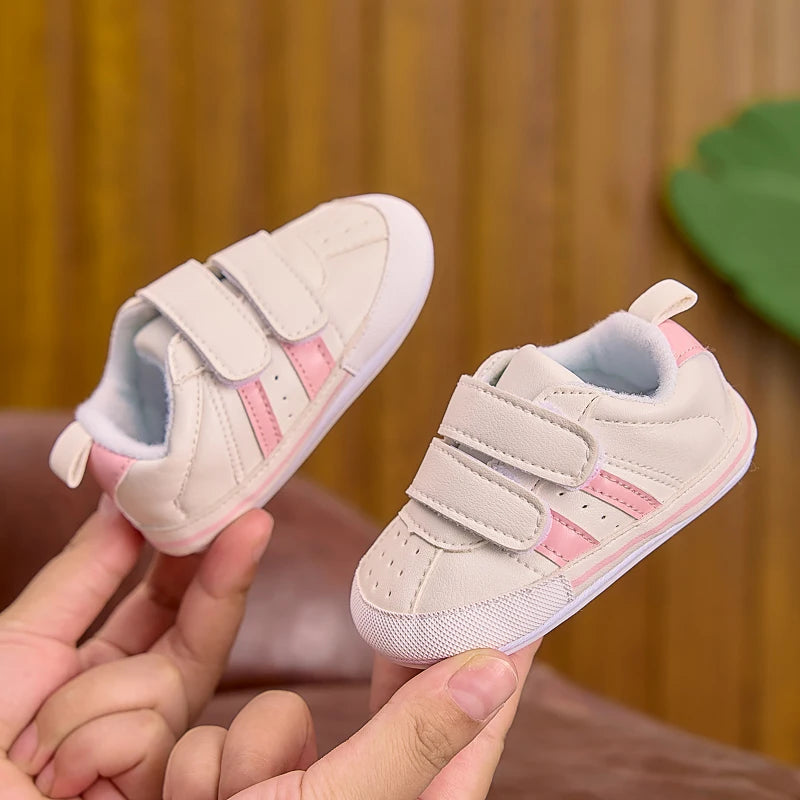 Suitable for Spring and Autumn, Indoor and Outdoor Use, Baby Boy and Girl Walking Shoes, Two-Color Stripe Decoration, Pu with Two Velcro Straps, Rubber Sole, Casual Fashion Sneakers for 0-1 Year Old Babies