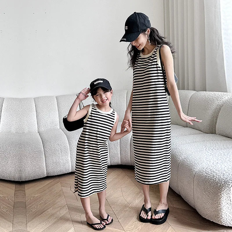 Mommy and Me Dress Family Fashion Summer Set Clothes for Mother  Daughter Stripe Sports Skirt Set Matching Mother Daughter Outfi