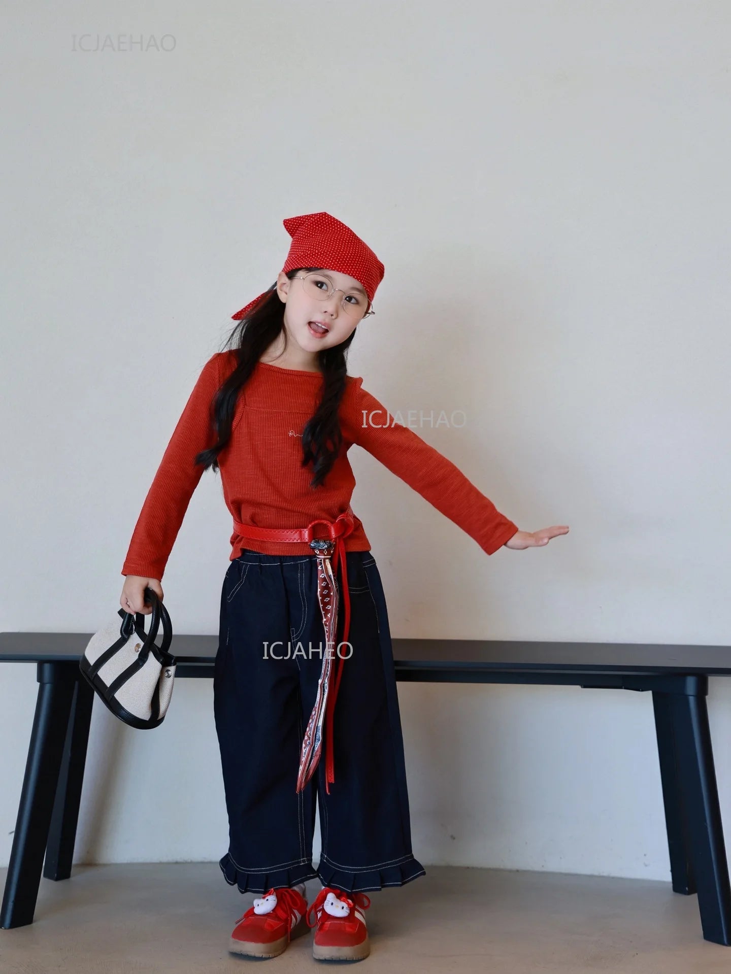 Matching Mother Daughter Children Orange Casual Outfit Straight Leg Jeans with Ribbon Trim Wide Leg Soft Denim Pants and Top Set