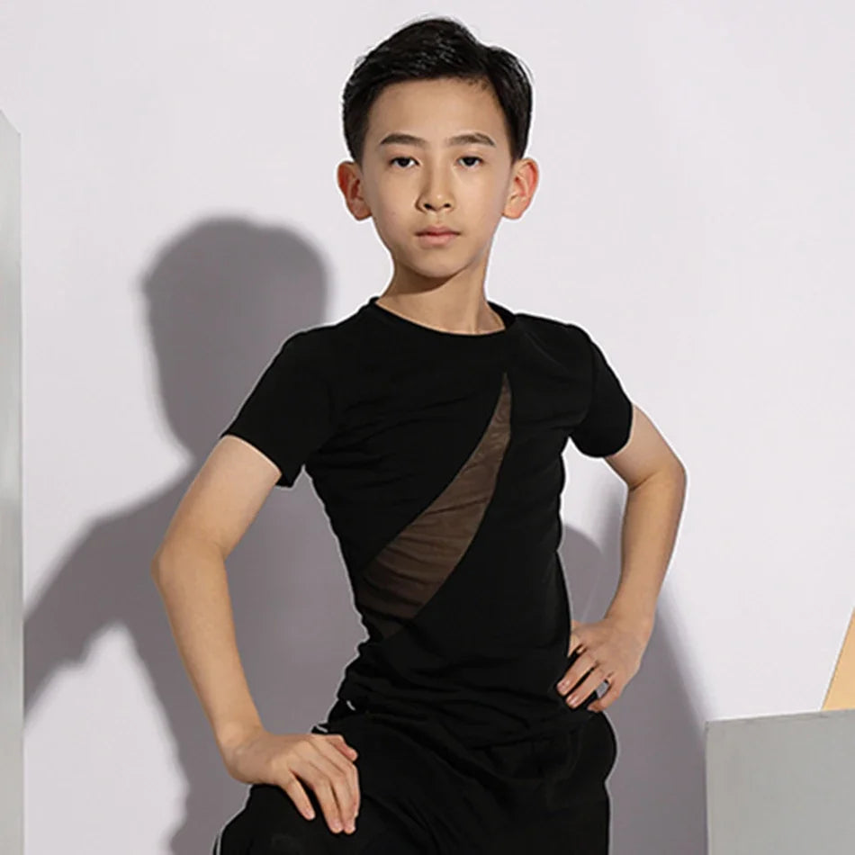 Boys Latin Dance Costume Short Sleeve Top Kids Latin Dancing Shirts Competition Performance Wear Samba Salsa Practice Clothing