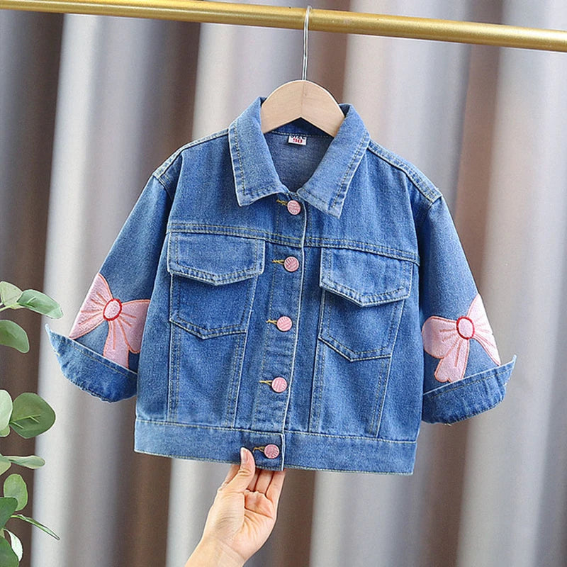 Lovely Style Babi Girls Casual Blue Denim Jacket Coat with Bow Embroidery Kids Child Fashion Spring Autumn Streetwear Outfit