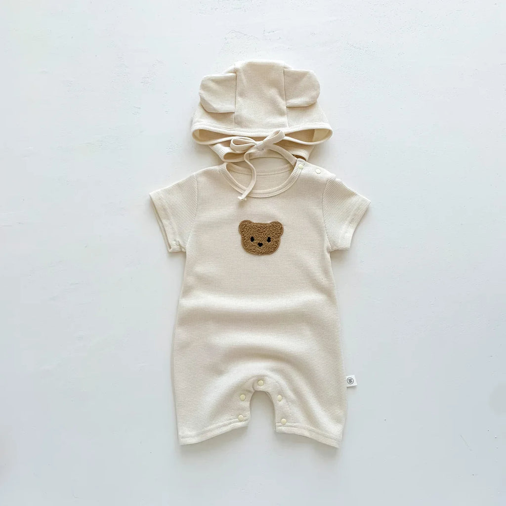 Novedad de verano para niños bebés, niñas y niños, manga corta, gofre, parche de oso, mameluco de algodón para recién nacidos, regalo, gorro con orejas