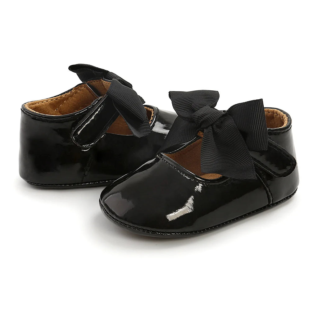 Bailarinas con nudo de lazo para bebé, suela de goma antideslizante, zapatos de PU para primeros pasos, zapatos de vestir para cuna de bebé