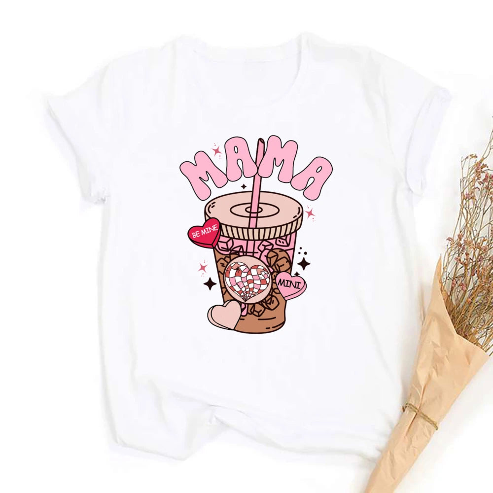 Mama Mini Coffee Milk Print Family Shirts Valentine's Day Mom & Daughter Matching Outfit Valentine T-shirt Mom Girls Clothes Tee