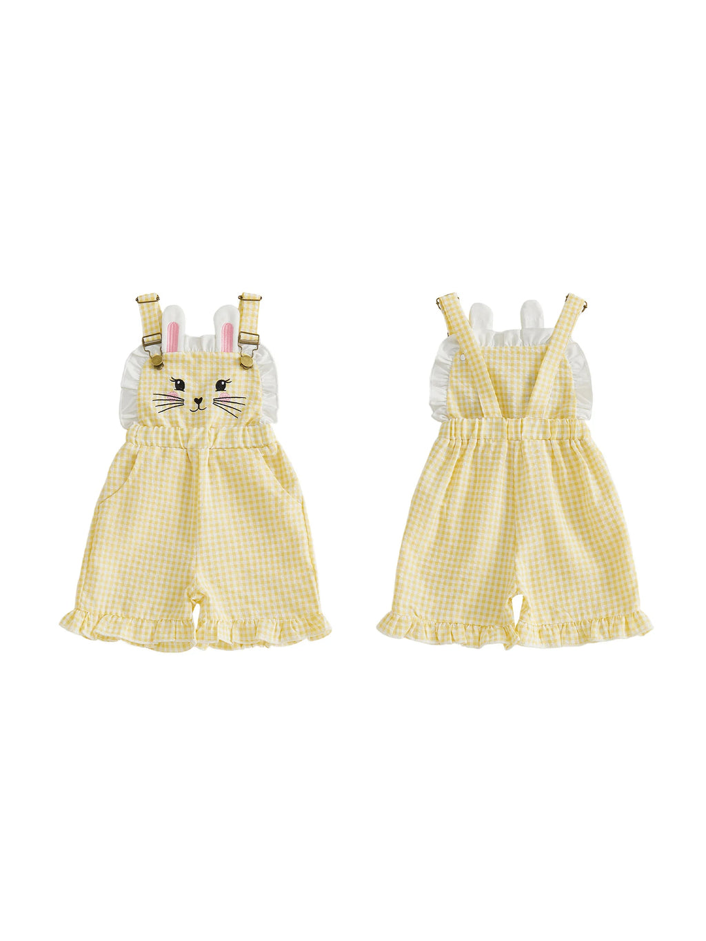 Kinder Mädchen Hasen Overall mit Taschen Niedlicher Hase Rüschenbesatz Ärmelloser Jumpsuit Shorts für Ostern