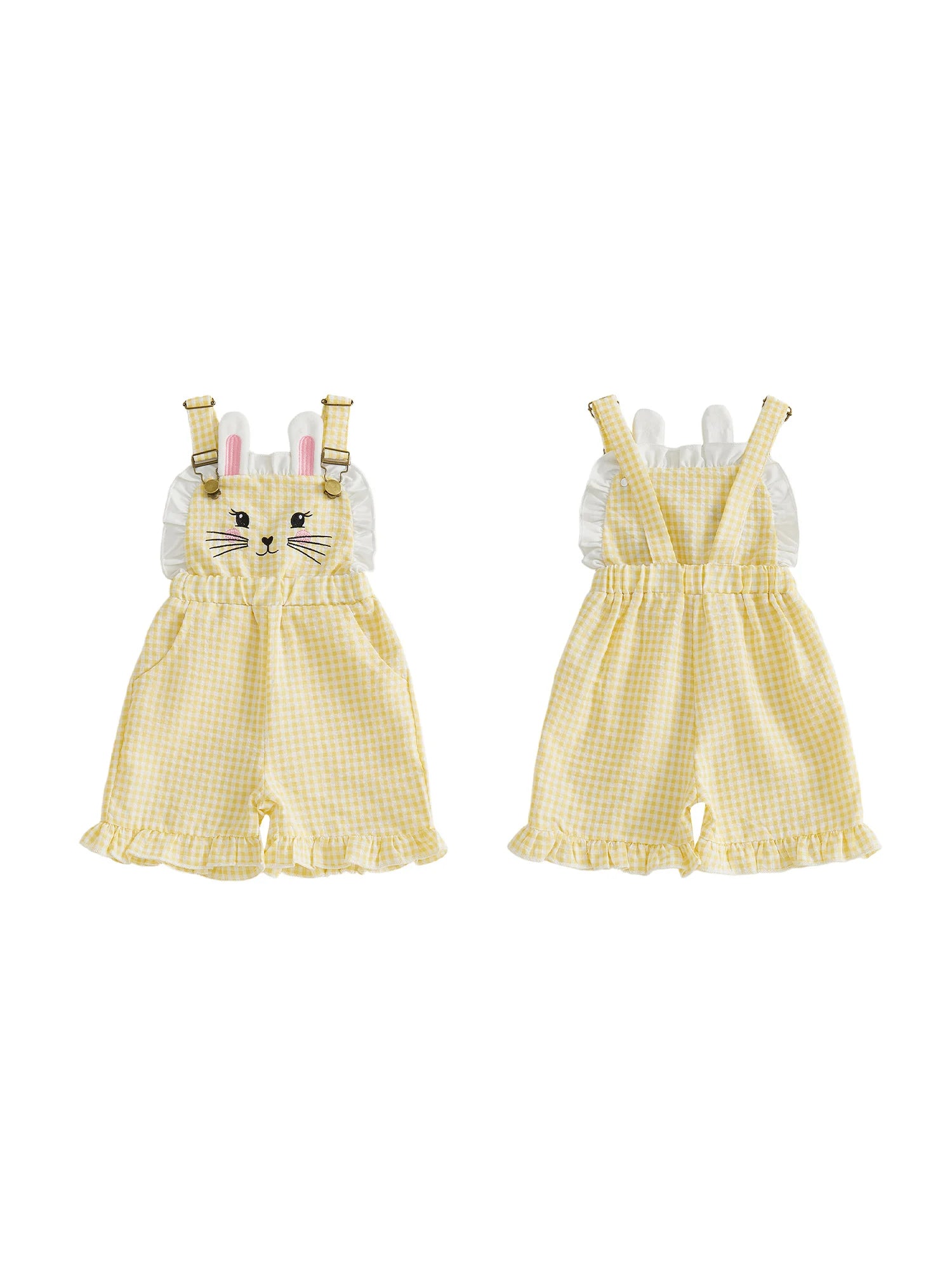 Kinder Mädchen Hasen Overall mit Taschen Niedlicher Hase Rüschenbesatz Ärmelloser Jumpsuit Shorts für Ostern