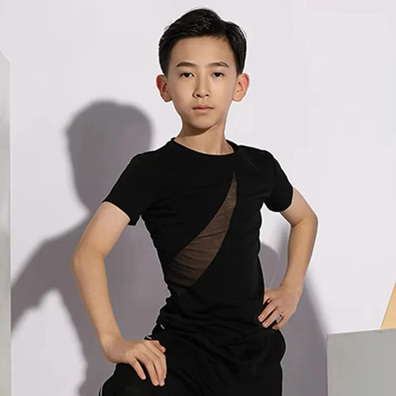 Boys Latin Dance Costume Short Sleeve Top Kids Latin Dancing Shirts Competition Performance Wear Samba Salsa Practice Clothing