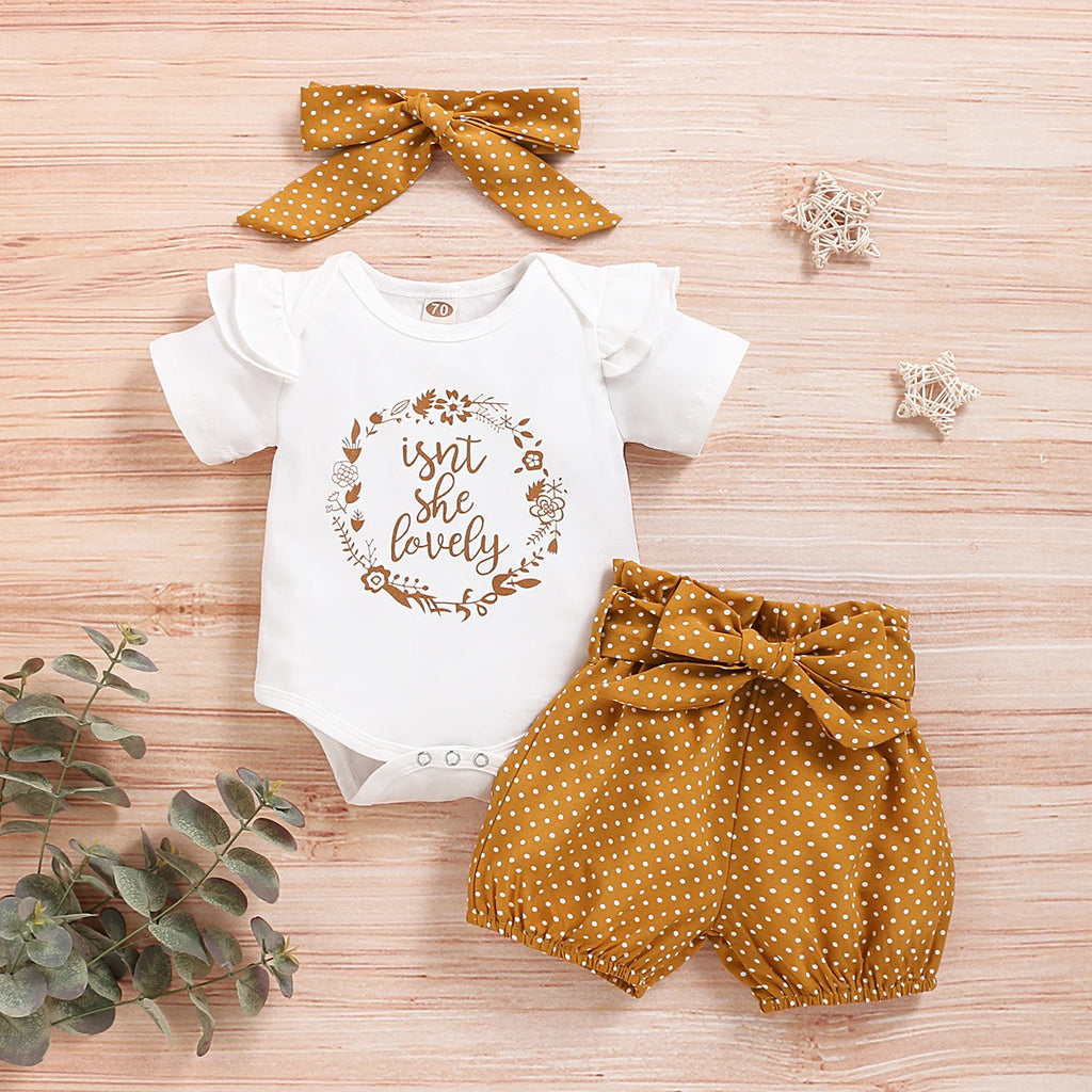 0-18Months Infants Baby Girl Set Black Short Sleeve Bodysuit+Polka Dot Shorts+Headband Toddler Girl Summer Fashion 3PCS Clothing