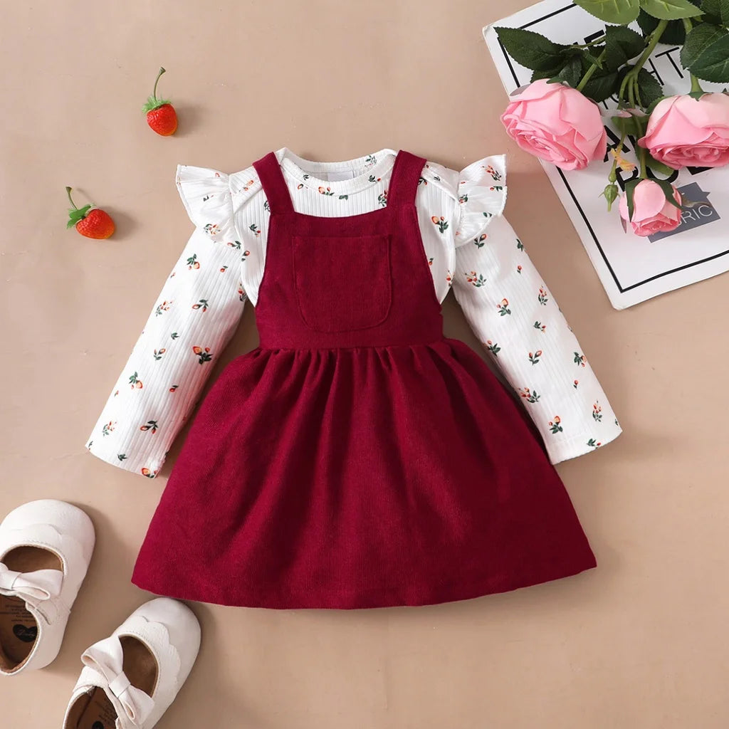 2-teiliges Neugeborenen-Baby-Geburtstags-Prinzessinnenkleid-Set Langarm-Strampler + roter Trägerrock für kleine Mädchen 0-18 Monate Neujahrs-Outfits