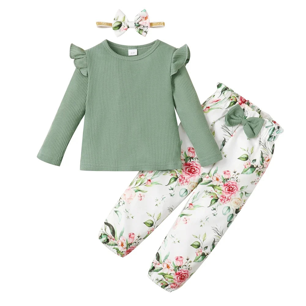 1-5Years Toddler Girl Clothes Set Long Sleeve Solid Color Top+Floral Pants  Fashion Spring & Autumn Little Girl Clothing Outfit