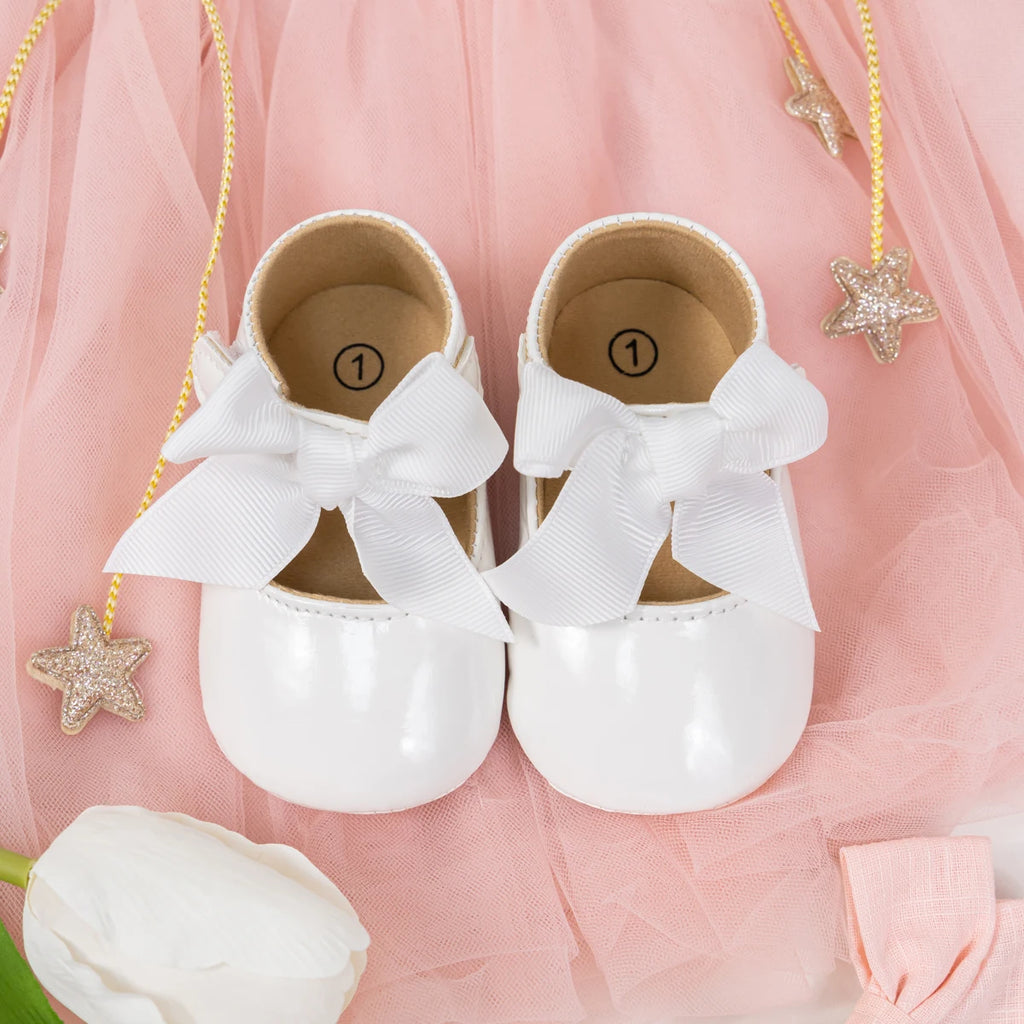 Bailarinas con nudo de lazo para bebé, suela de goma antideslizante, zapatos de PU para primeros pasos, zapatos de vestir para cuna de bebé