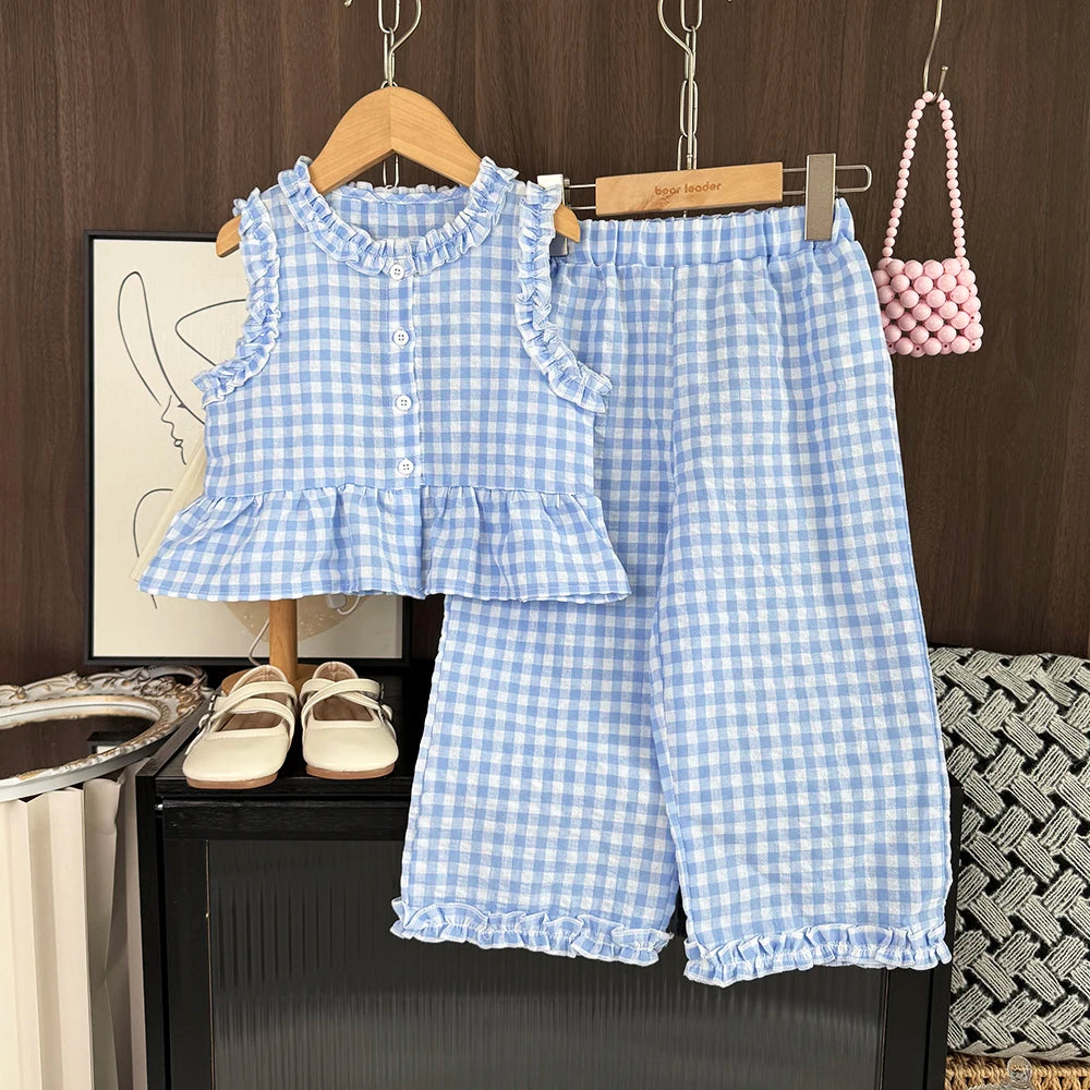 Rosa zweiteiliges Sommer-Set für Mädchen mit einreihigem ärmellosem Oberteil und Freizeithose, neue Kinder-Sets Kinderkleidung