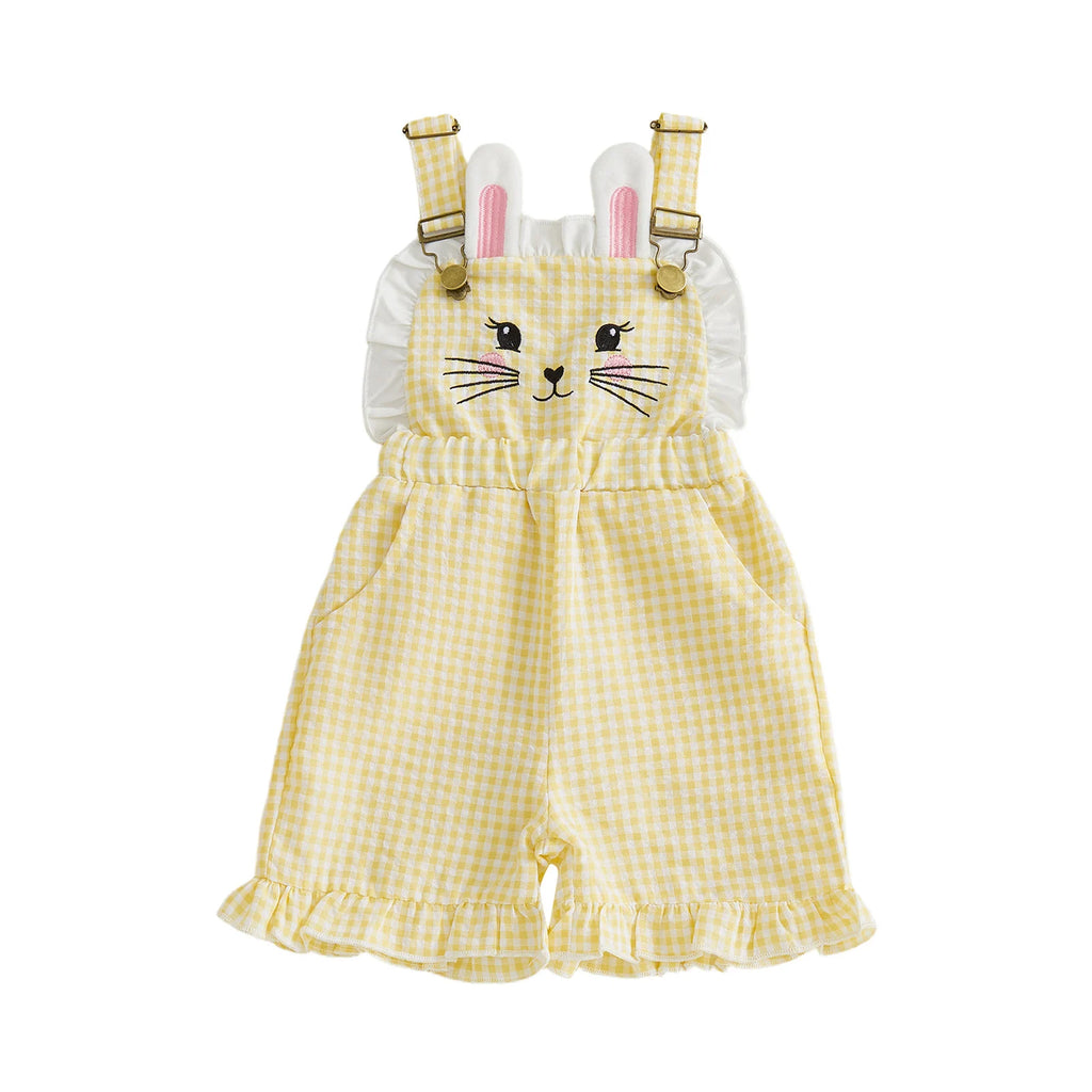 Kinder Mädchen Hasen Overall mit Taschen Niedlicher Hase Rüschenbesatz Ärmelloser Jumpsuit Shorts für Ostern