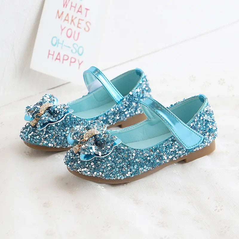 Children Leather Shoes For Girls Toddlers Big Kids Dress Shoes For Wedding Party Glitter Sequined Fabric With Bow-knot Mary Jane