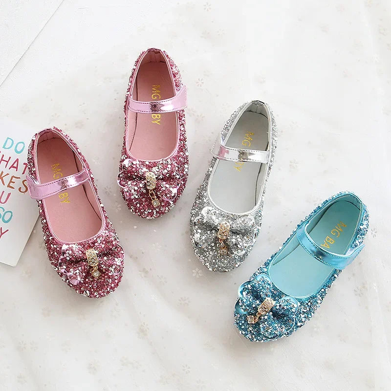 Children Leather Shoes For Girls Toddlers Big Kids Dress Shoes For Wedding Party Glitter Sequined Fabric With Bow-knot Mary Jane