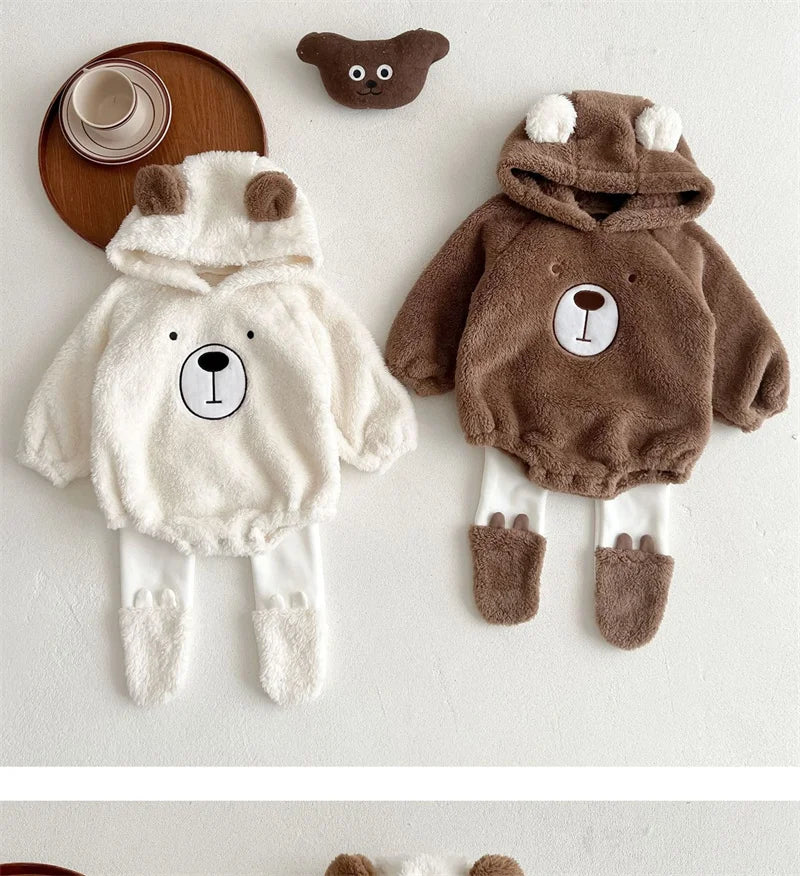 Baby Clothing Autumn Winter Cute Hooded Cartoon Bear Baby Crawling Clothes Pajamas Warm Double-sided Plush Jumpsuit Trousers Set