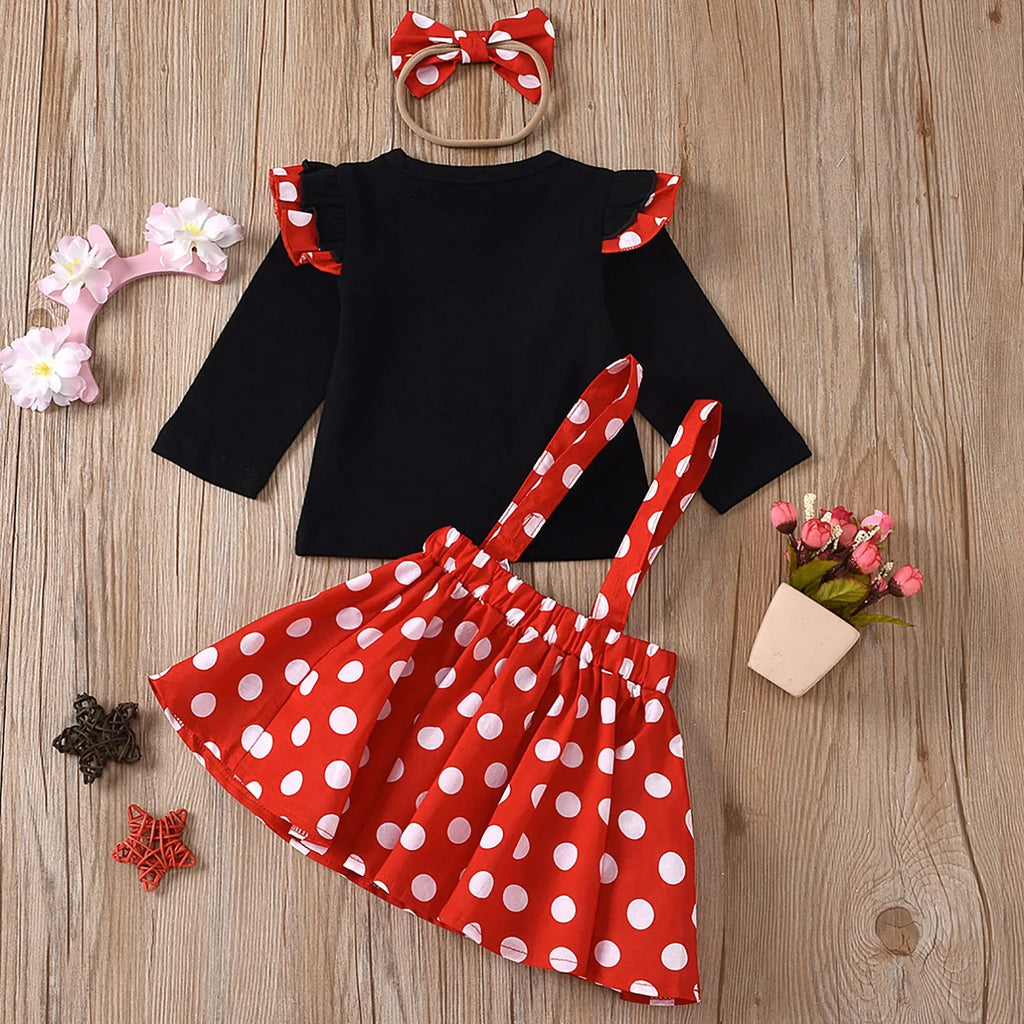Conjunto de ropa para niños de 1 a 5 años, ropa de bebé, conjunto de ropa para niñas, traje de cumpleaños de verano, top de puntos, falda, disfraz de Minnie con diadema
