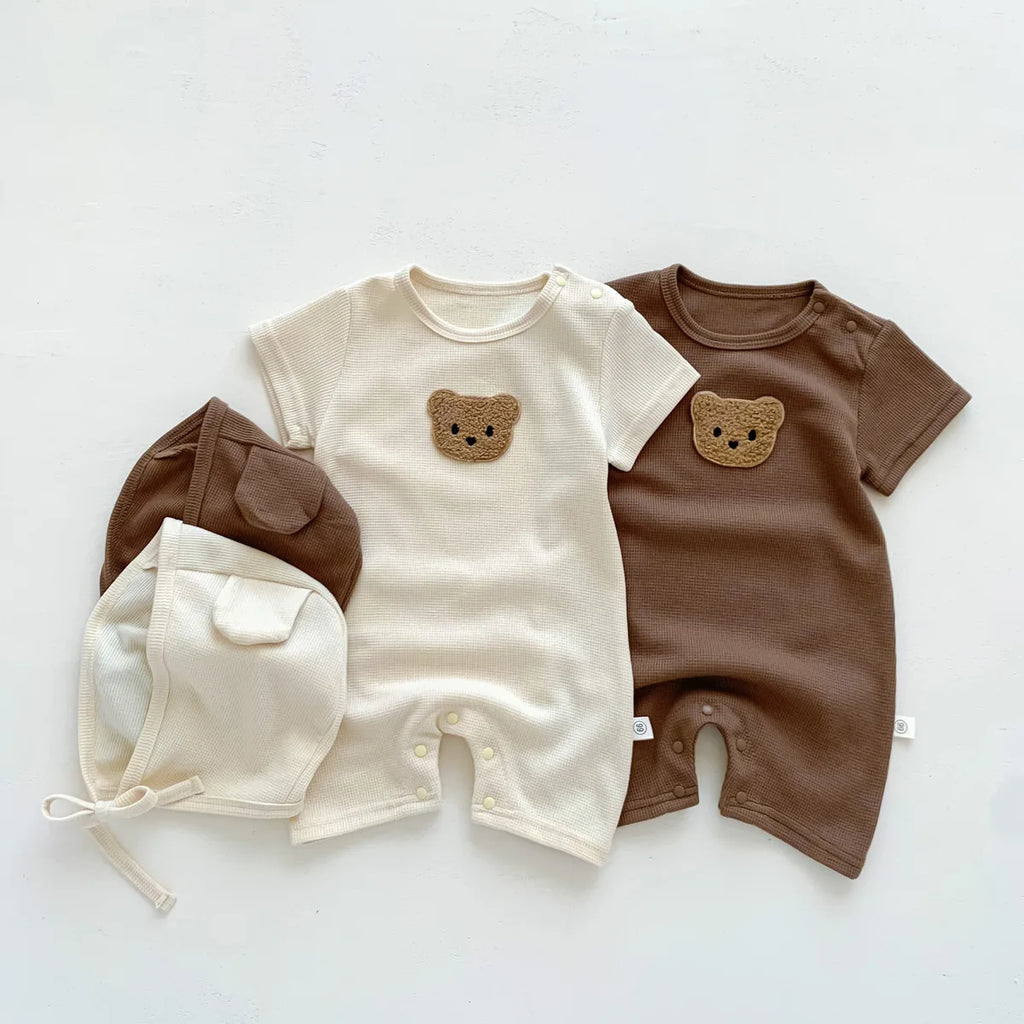 Novedad de verano para niños bebés, niñas y niños, manga corta, gofre, parche de oso, mameluco de algodón para recién nacidos, regalo, gorro con orejas