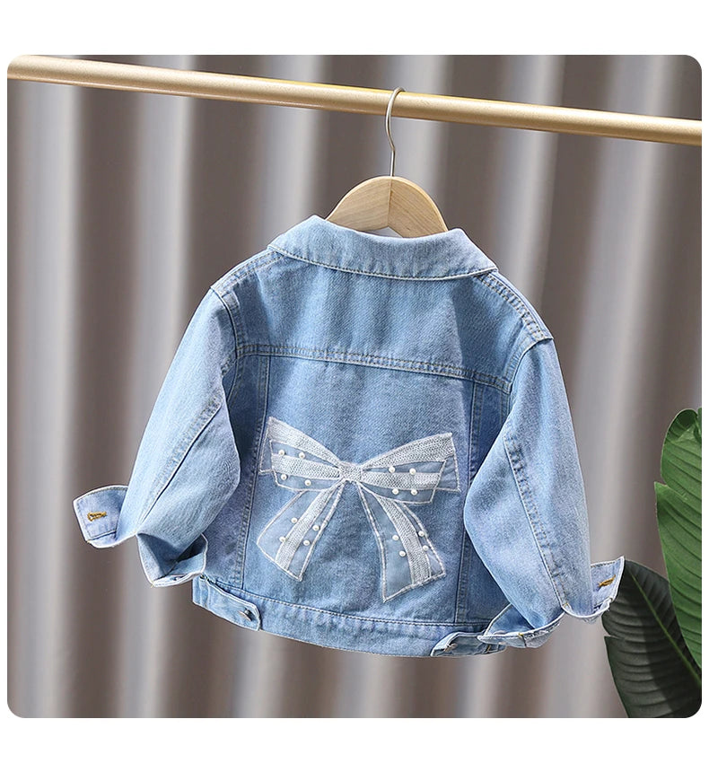 2-9 Years Babi Girls Denim Jacket New Fashion Baby Kids Jean Coats For Girls Cute Lace Bow Design Children Outerwear Clothing