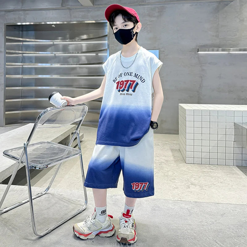 Boys Summer Clothing Set New Casual Cotton Gradient T-shirt & Shorts 2 Piece Suit Kids Teenager Luxury Clothes Tracksuit Garment