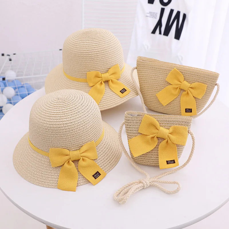 Summer Girls Beach Sun Hats Lotus Leaf Brim Cute Squinting Eyes Bowknot Outdoor Sun Protection Children Straw Cap Kids