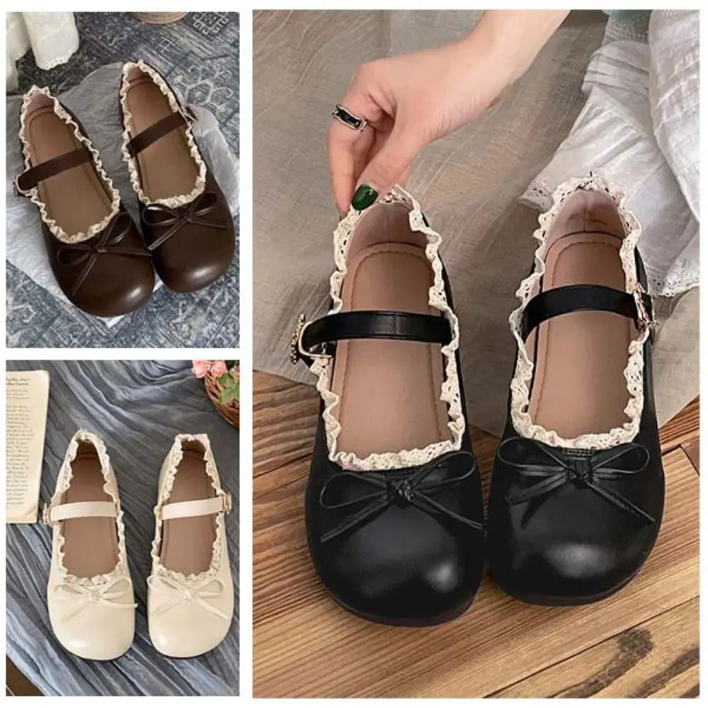 Lolita PU Leather JK Flat Shoes Bow Sweet Casual Ballet Flats Lace Ruffled Soft Sole Slip On Loafers Girls