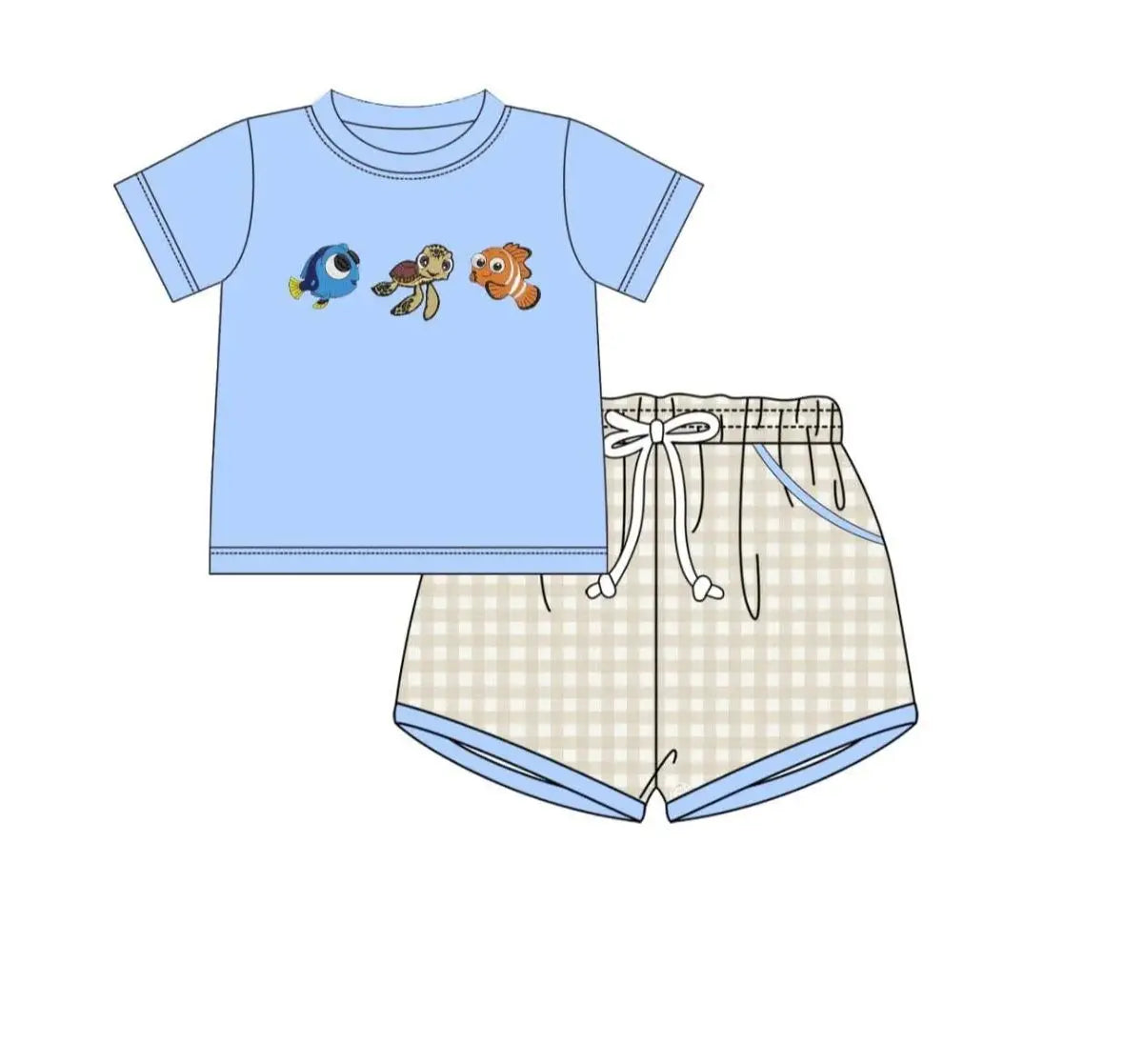 Cartoon Boutique Clothe Baby Romper Green Plaid Fishes BoysGirls Sets Print Toddler Girls Clothing Children Summer Sets