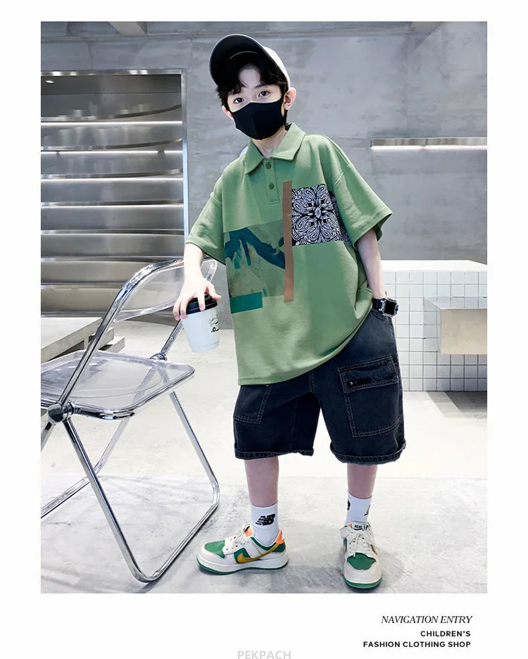 Jungen Kleidung Sommer Set Kind Mode Kurzarm Poloshirt & Jeansshorts 2-teiliger Anzug Teens Kinder Oberteil und Unterteil Kleider Set