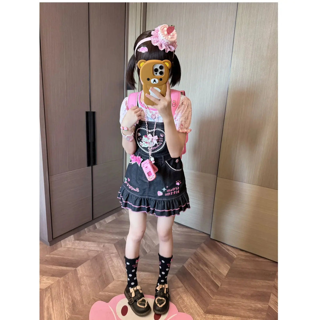 Mommy and Daughter Matching Clothes Cartoon Cat Printed Cotton Short-sleeved T-shirt + Overalls Summer Sweet Girl Y2k Suits