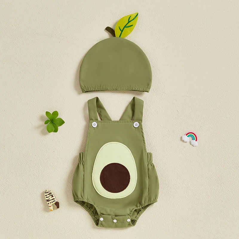 0-18 Monate Kleinkind Neugeborenes Baby Sommer-Outfit Freizeit Ärmelloser Früchte-Overall Strampler mit Hut 2-teiliges Set für Jungen und Mädchen