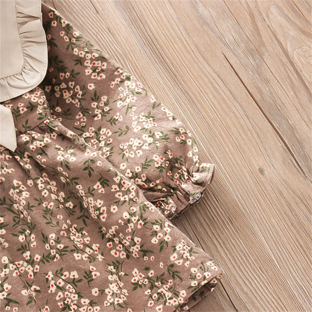 Fall Winter New Girls' Dress Lapel Floral Full Camp Bow Ribbon Lace Pleated Puffy Sleeves Sweet Girls' Dress