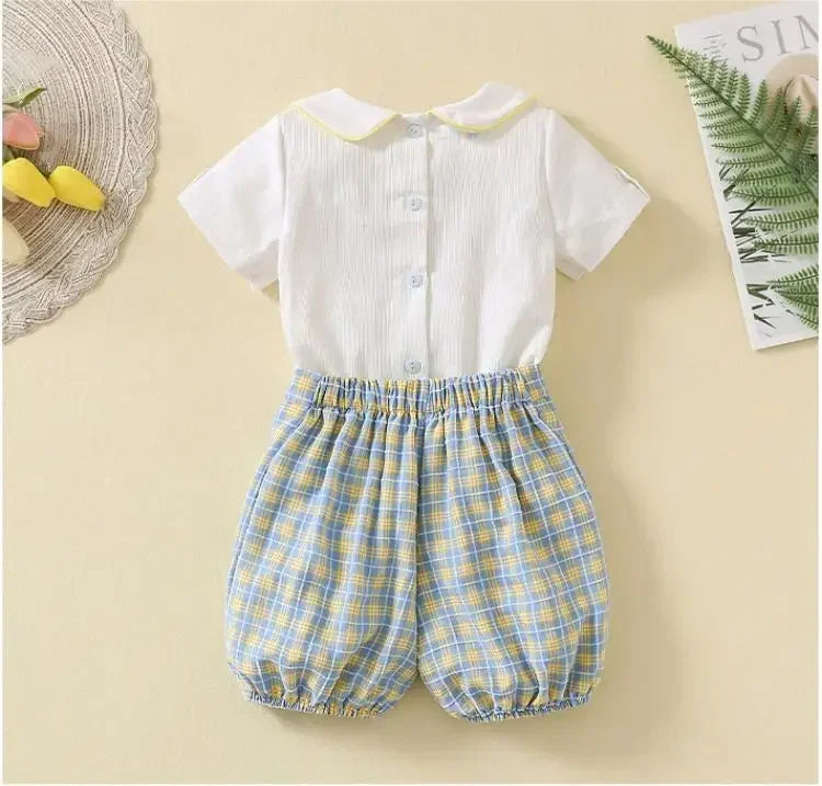 Spanish Toddlers Clothing Baby Boys Clothes Boutique Sets Outfit White Shirt Short 2pcs Plaid Pants Children Costume Kids Casual