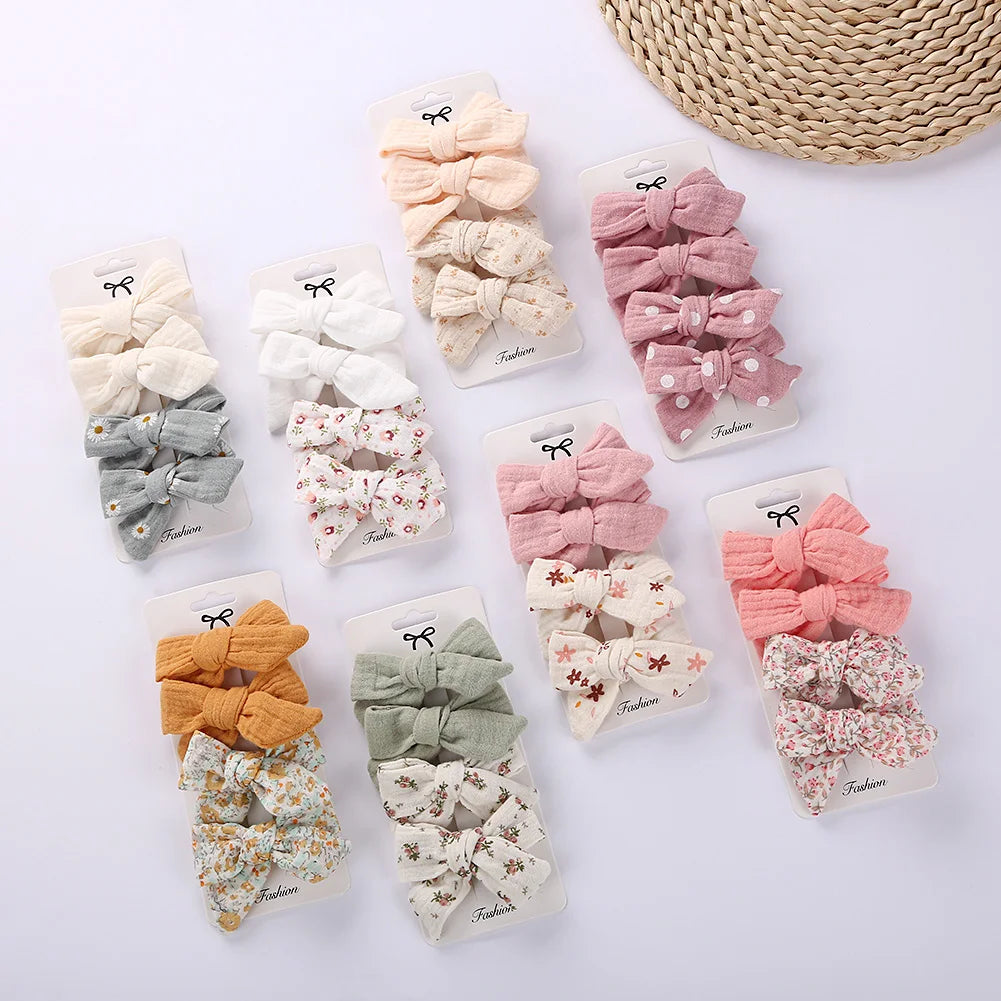 4 Stk./Set Baby Schleifen Haarklammern Musselin Mädchen Haarnadeln Haarspange für Kinder Baumwolle Leinen Haarspange Blumendruck Seitenklammer Accessoires