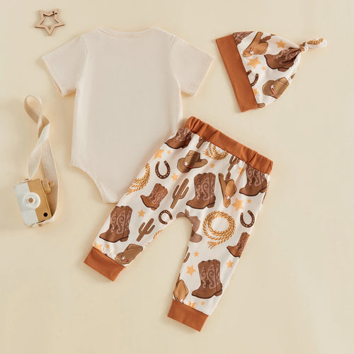 Baby Boy's Western Clothing Sets Fashionable Booties Print Short Sleeve Romper with Pants Hat 3Pcs Outfits