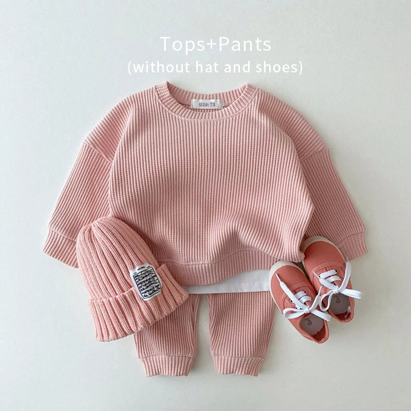 Ropa de bebé niña Conjuntos de ropa de algodón para otoño Tejido Mock 2 piezas Algodón Waffle Niños Conjuntos de ropa de niño Chándal Tops+Pantalones Coreano