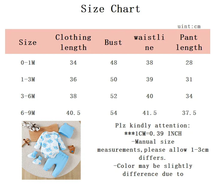 Neugeborenes Baby Jungen Set Bärchen Langarm Strampler + Lange Hose + Mütze + Socken 4-teiliges Set 0-9 Monate Baby Jungen Frühling und Herbst Set