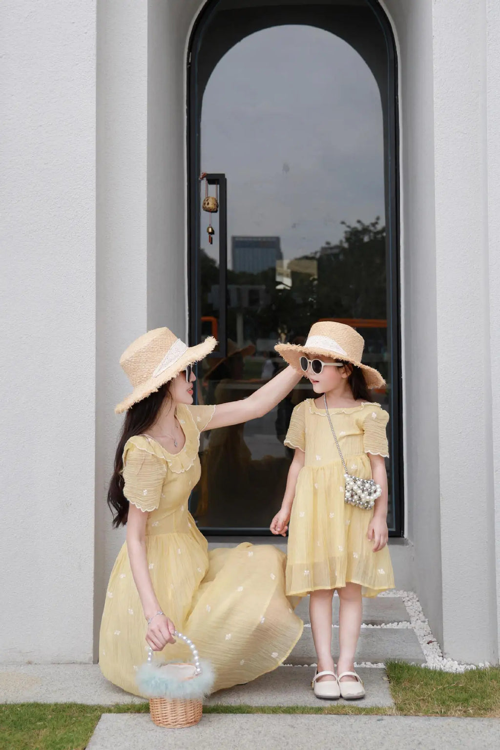 Mother and Daughter Matching Summer Dress Mom and Baby Girls Same Clothes Mommy and Me Short Sleeve Elegant Dresses for Women