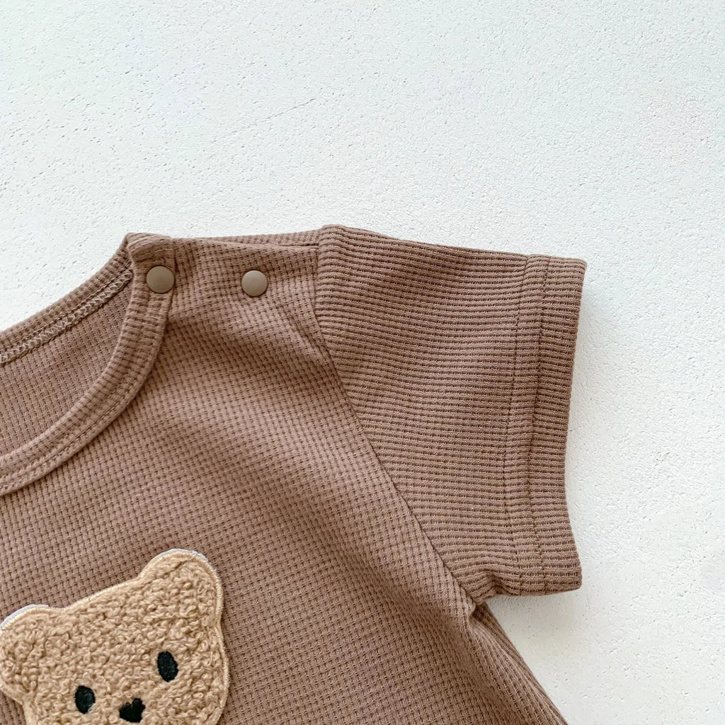 Novedad de verano para niños bebés, niñas y niños, manga corta, gofre, parche de oso, mameluco de algodón para recién nacidos, regalo, gorro con orejas