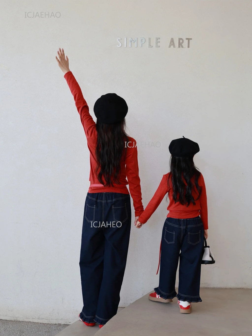 Matching Mother Daughter Children Orange Casual Outfit Straight Leg Jeans with Ribbon Trim Wide Leg Soft Denim Pants and Top Set