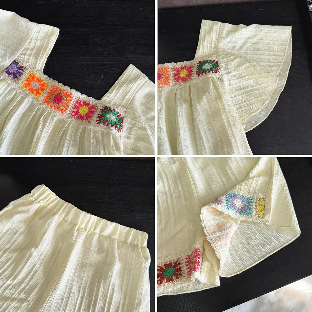 Bear Leader Girls Suit Summer Beige Short Sleeved Colorful Sunflower Print Top + Pants Two-piece Set Sweet Children's Clothing