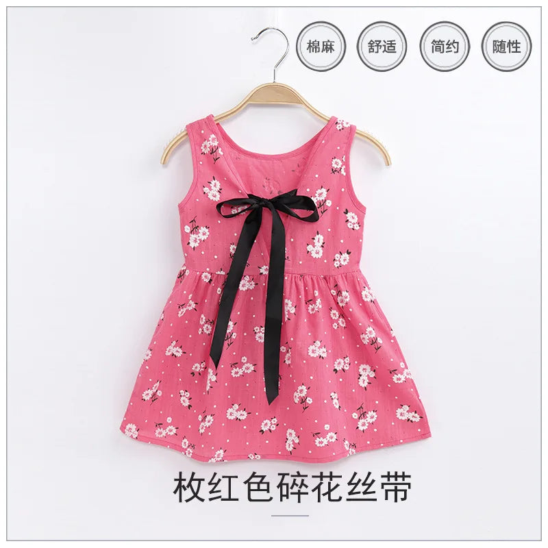 2025 Summer Girls Print Binding Rope Dress For 1-6Years Kids Cotton Sleeveless Sundress Baby Beach Above Knee Mini Casual Dress