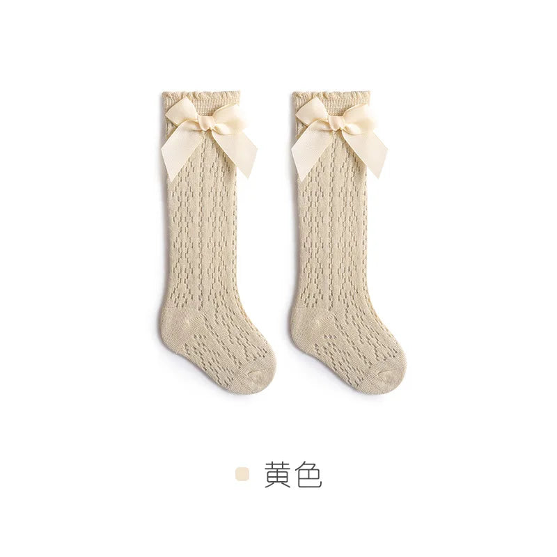 Baby Knee High Socks Kids Girls Boys Bow Long Sock Soft Cotton Mesh Breathable Children Hollow Out Socken for 0-3 Years Old