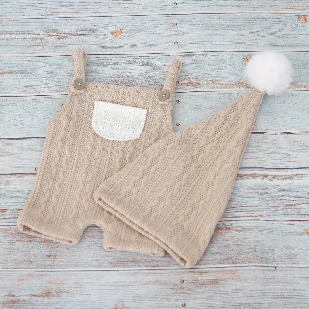 Newborn Baby Photography Clothes Outfits Knitted Infant Boy Girl Photo Shoot Clothing Sets Suspender Pants Hat With Fur Pompom