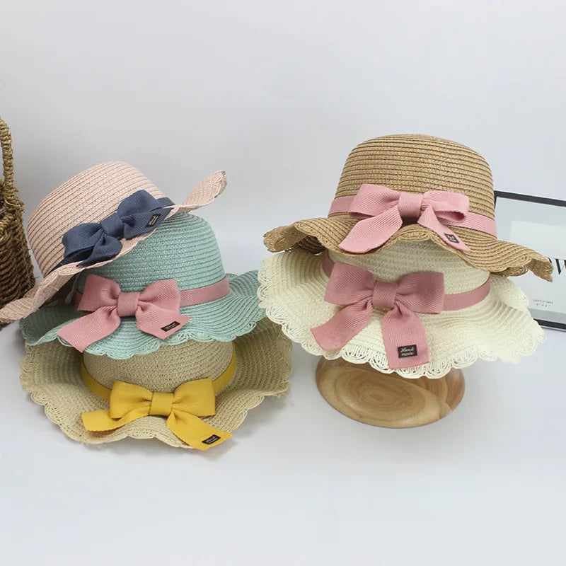 Summer Girls Beach Sun Hats Lotus Leaf Brim Cute Squinting Eyes Bowknot Outdoor Sun Protection Children Straw Cap Kids