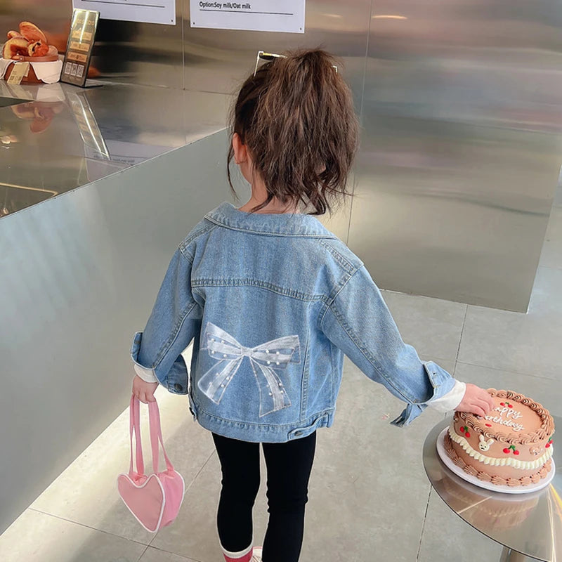 2-9 Years Babi Girls Denim Jacket New Fashion Baby Kids Jean Coats For Girls Cute Lace Bow Design Children Outerwear Clothing