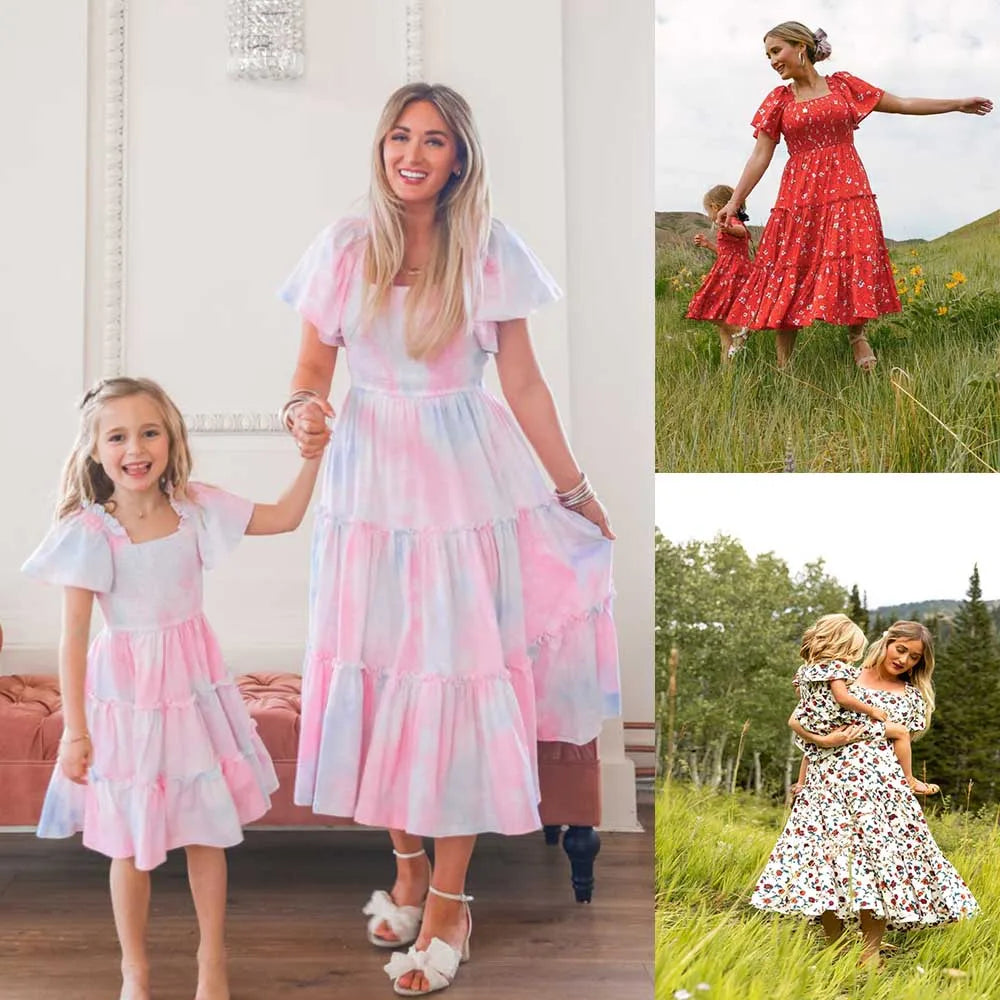 Mother and Daughter Matching Outfits Vestidos Family Matching Dresses Floral Printed Beach Family Look Dress