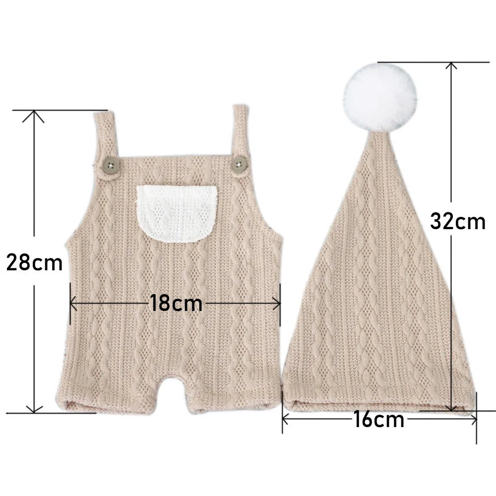Ropa para fotografía de bebés recién nacidos, conjuntos de punto para sesión de fotos de bebés, pantalones con tirantes y gorro con pompón de piel.