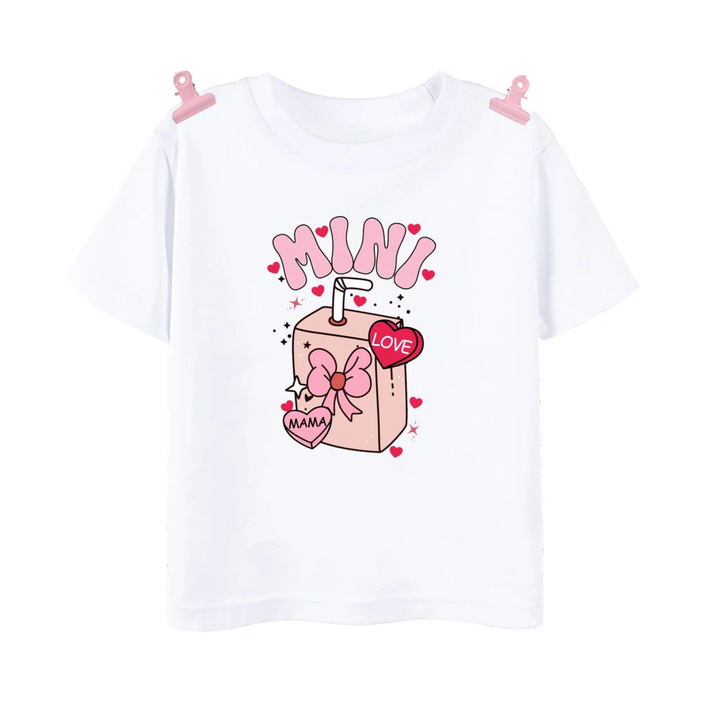 Mama Mini Coffee Milk Print Family Shirts Valentine's Day Mom & Daughter Matching Outfit Valentine T-shirt Mom Girls Clothes Tee